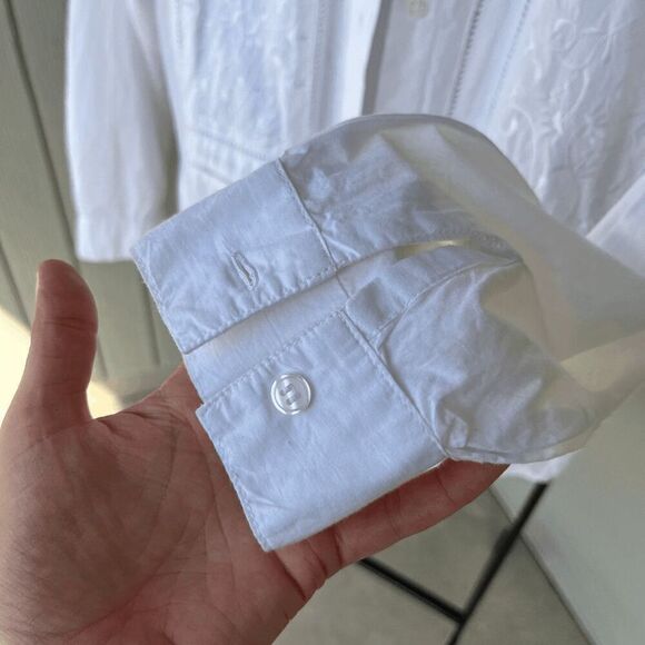 Vintage 80s White Cotton Floral Embroidered Eyelet Button-Up Shirt Top Blouse Si - Picture 2 of 8